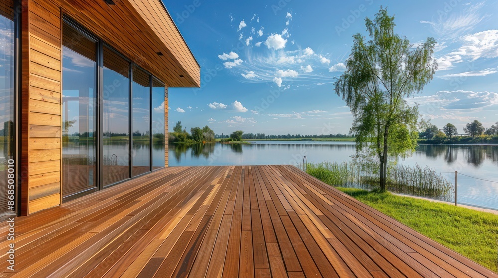 outdoor deck featuring weather-resistant wood paneling overlooking a lake