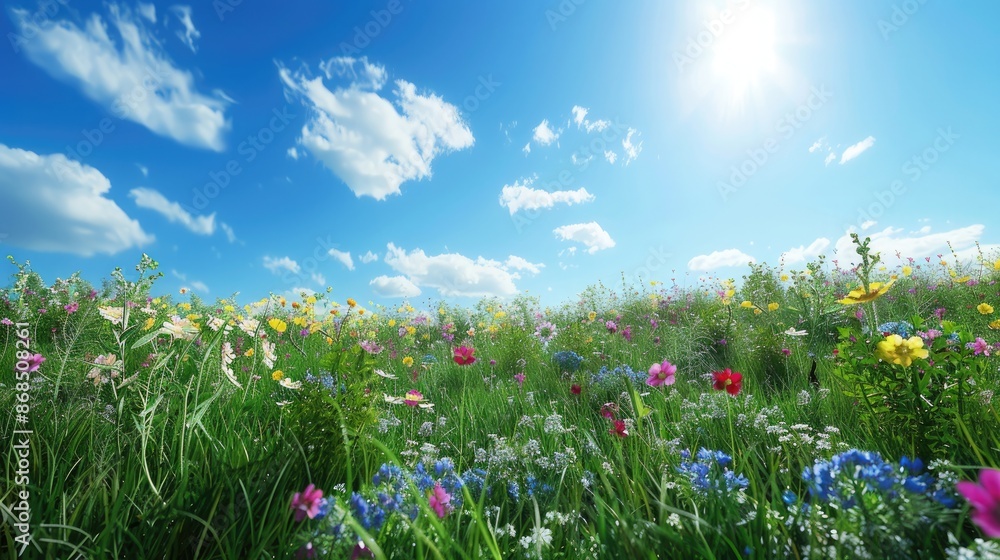 A tranquil meadow with wildflowers in full bloom, under a bright and clear blue sky. A tranquil meadow with wildflowers in full bloom, under a bright and clear blue sky.