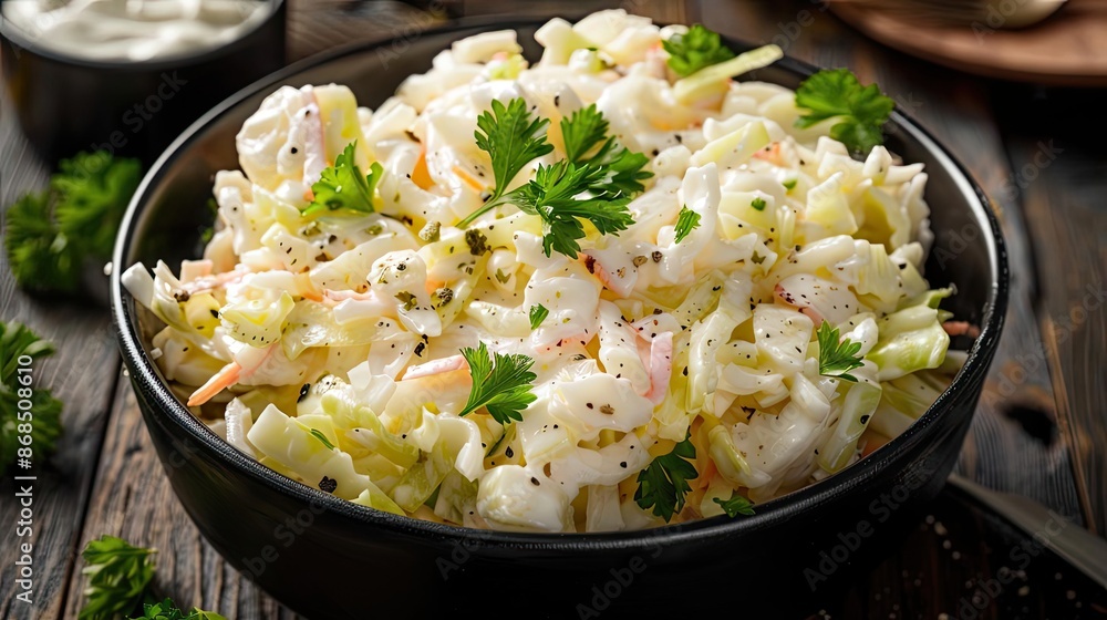 Delicious creamy coleslaw in a dark bowl on a rustic wooden table, garnished with fresh parsley. Perfect for any meal or barbecue. Delicious creamy coleslaw in a dark bowl on a rustic wooden table, garnished with fresh parsley. Perfect for any meal or barbecue.