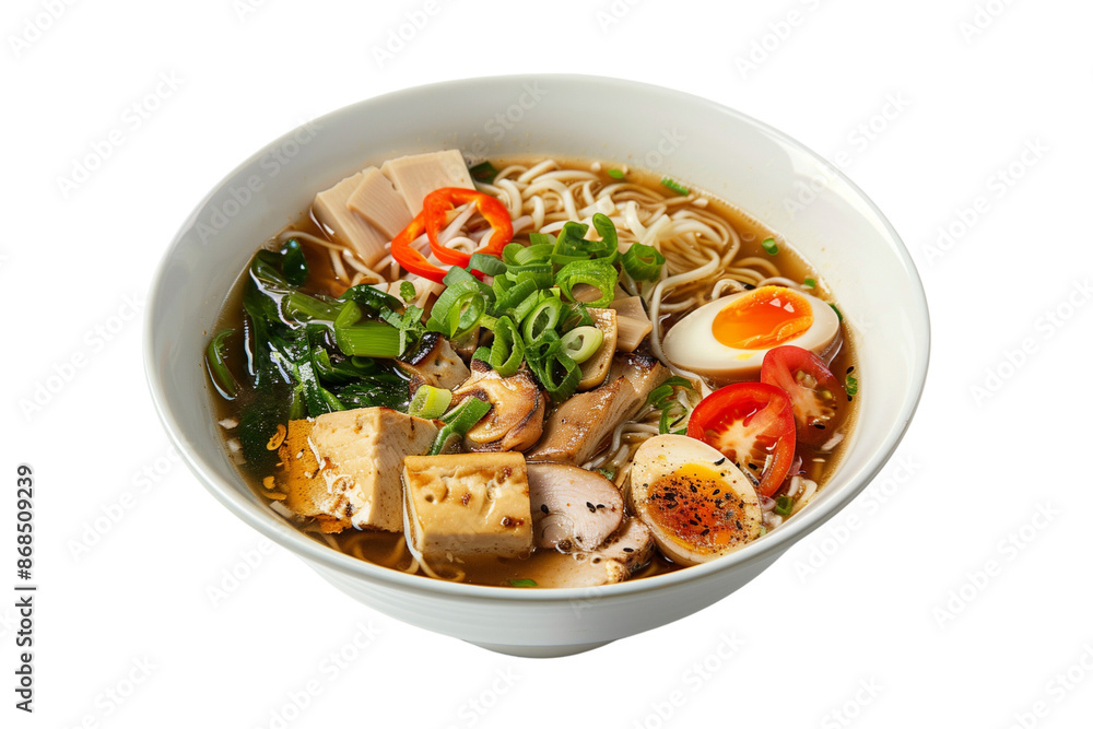 A bowl of ramen with chicken, noodle soup, tofu, vegetables, and egg, transparent background. A bowl of ramen with chicken, noodle soup, tofu, vegetables, and egg, transparent background.