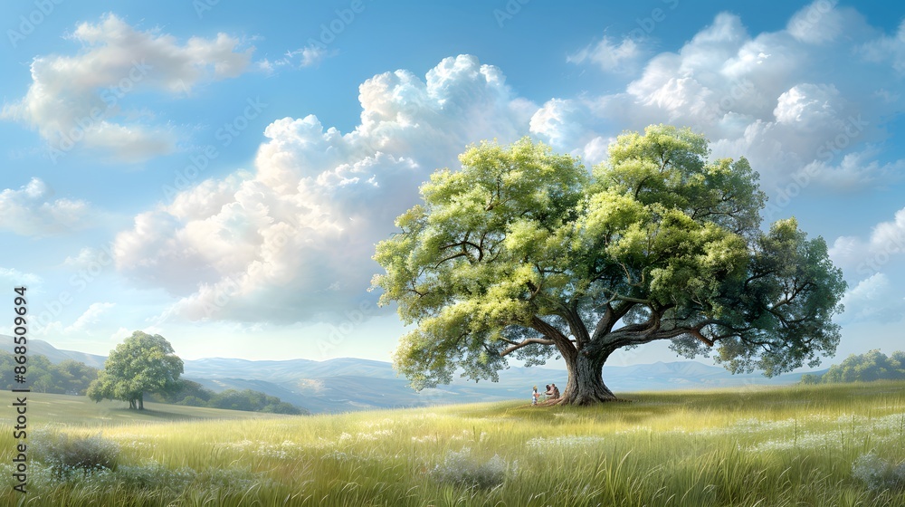 Friends having a picnic under a large oak tree in a field. List of Art Media Minimalist realistic Friends having a picnic under a large oak tree in a field. List of Art Media Minimalist realistic