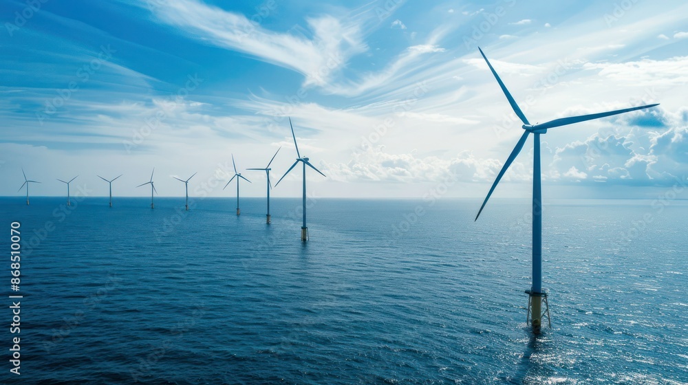 Offshore wind power farm with many wind turbines in the open sea. Offshore wind power farm with many wind turbines in the open sea.