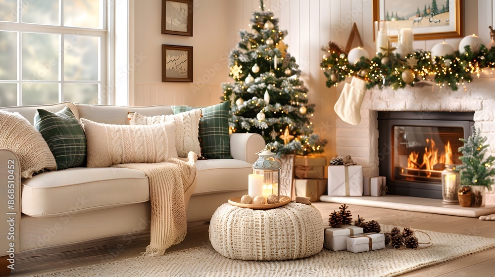 Festively decorated living room with stockings hung by the fireplace. List of Art Media Photographic realistic Festively decorated living room with stockings hung by the fireplace. List of Art Media Photographic realistic