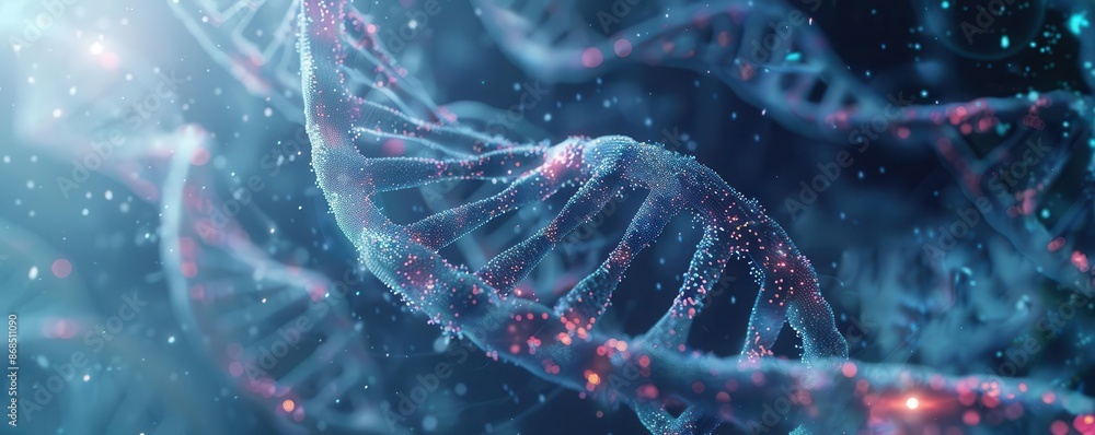Striking 3D rendering of DNA in a medical lab setting Striking 3D rendering of DNA in a medical lab setting