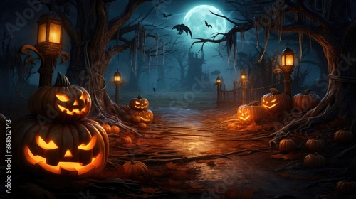 Halloween pumpkins on wood in a spooky forest at night © Stefan