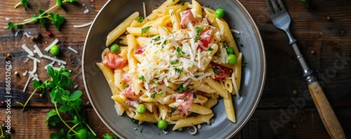 Delicious penne pasta dish with vegetables and cheese, served on a rustic wooden table. Fresh ingredients and vibrant colors meal.