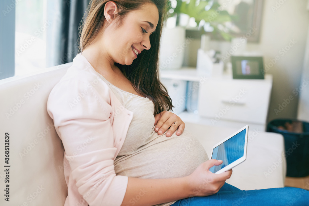 Home, relax and pregnant woman on sofa with tablet for streaming, online support or telehealth website. Smile, technology and mom on couch with digital app for growth, development or pregnancy info Home, relax and pregnant woman on sofa with tablet for streaming, online support or telehealth website. Smile, technology and mom on couch with digital app for growth, development or pregnancy info