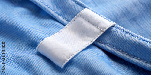 White blank clothing label with washing instructions - on blue fabric. 