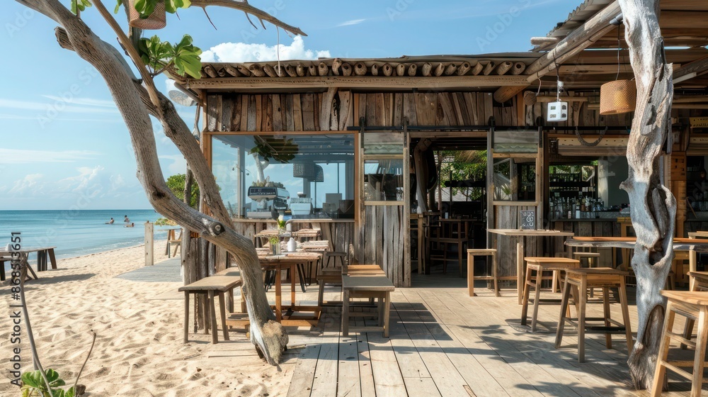beachfront cafe with exterior cladding made from weather-resistant driftwood, providing a natural, relaxed vibe beachfront cafe with exterior cladding made from weather-resistant driftwood, providing a natural, relaxed vibe