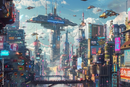 Futuristic Cityscape With Flying Vehicles and Neon Signs
