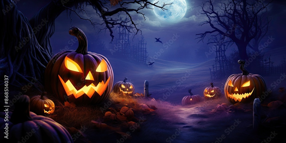 Horror Halloween background with autumn valley with woods pumpkins and spider web space for text Horror Halloween background with autumn valley with woods pumpkins and spider web space for text