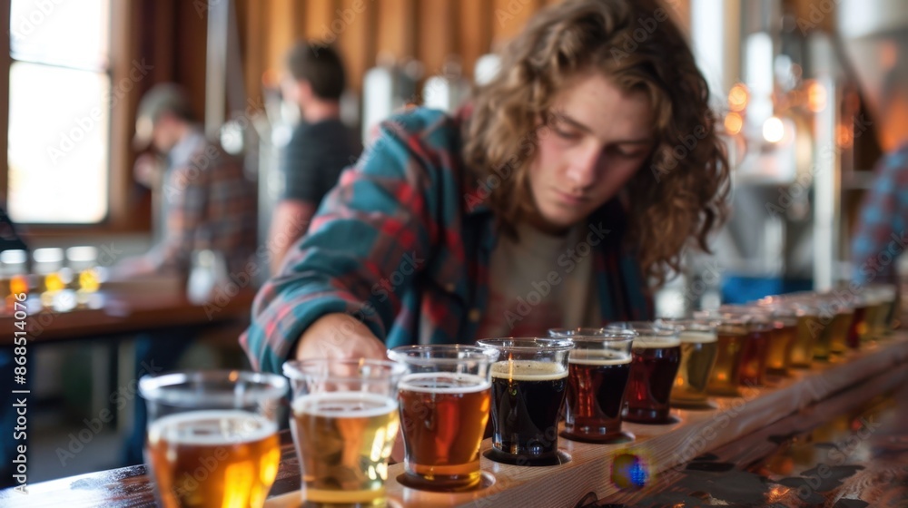 A close-up of a person enjoying a craft beer tasting, sampling various local brews at a lively brewery or beer garden.
A close-up of a person enjoying a craft beer tasting, sampling various local brews at a lively brewery or beer garden.