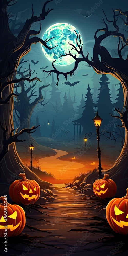 Fototapeta premium Horror Halloween background with autumn valley with woods pumpkins and spider web space for text