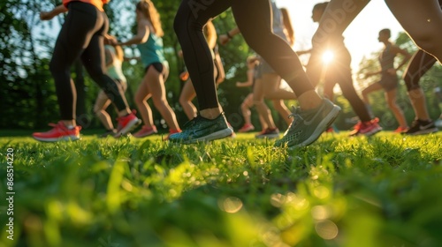 A close-up of a person at an outdoor fitness bootcamp, sweating it out in a high-energy workout session in the park.
