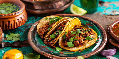 Típicos tacos mexicanos con tortilla de maíz al pastor y cilantro acompañado de un limón photo