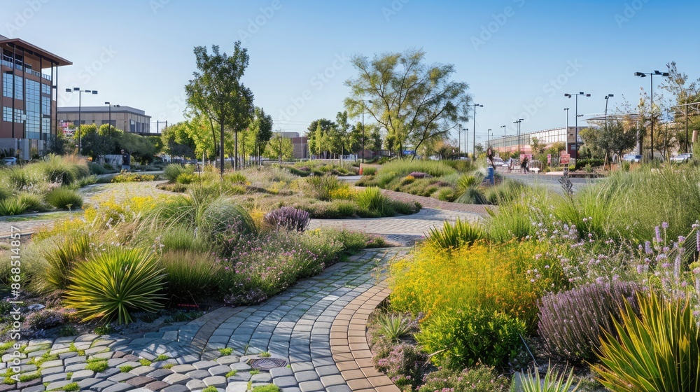 Fototapeta premium An urban area transformed into a green space with drought-resistant plants and permeable paving.