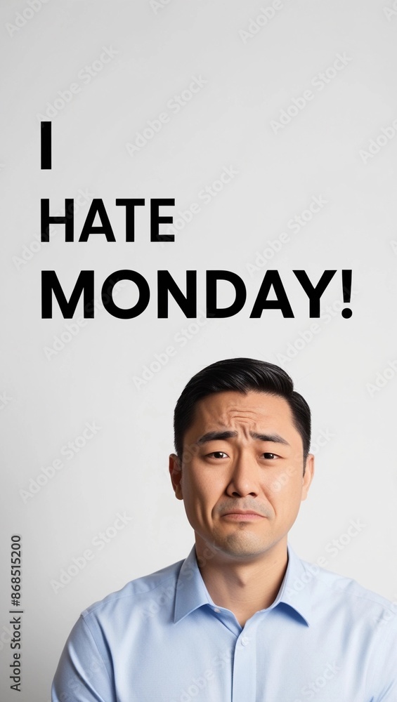 A male employee poses with a sad face next to the text A male employee poses with a sad face next to the text