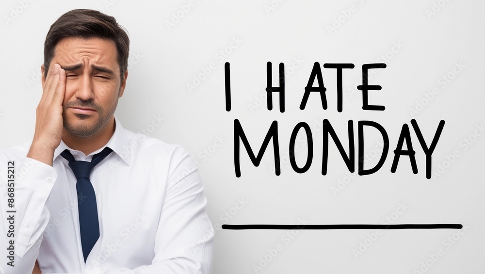 A male employee poses with a sad face next to the text A male employee poses with a sad face next to the text