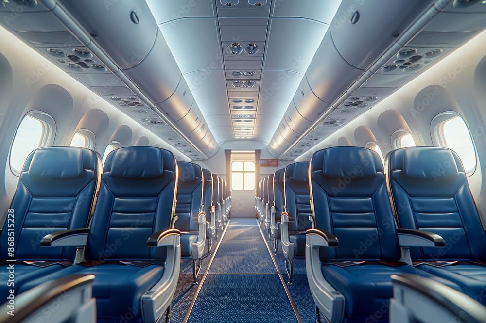 Naklejka premium Business class interior, airplane seats with luxurious design, enjoying a peaceful trip in the sky.