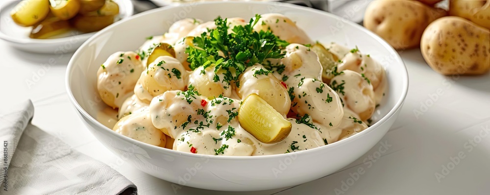 Fresh and creamy potato salad garnished with herbs and pickles in a white bowl, perfect for a summer side dish or picnic meal. Fresh and creamy potato salad garnished with herbs and pickles in a white bowl, perfect for a summer side dish or picnic meal.