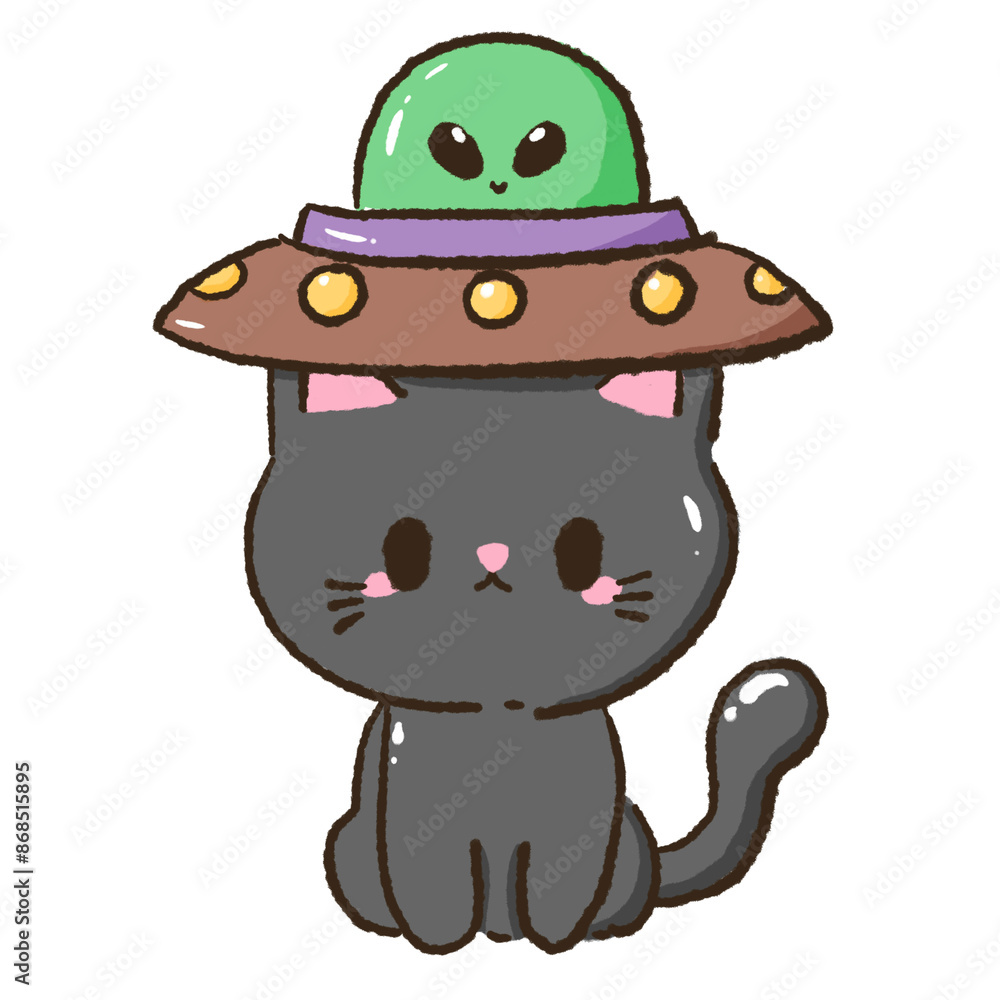 Hand drawn illustration kawaii black cat halloween themed having a alien hat on the head