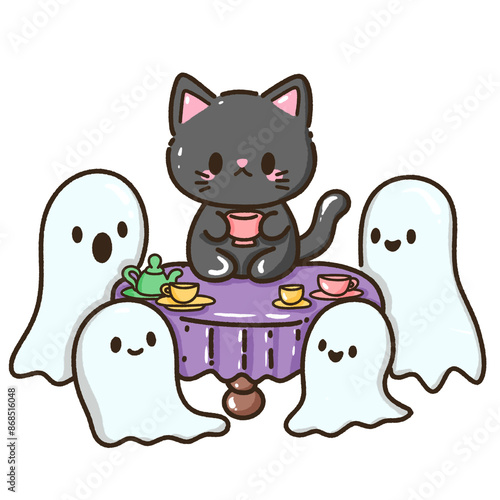 Hand drawn illustration kawaii black cat halloween themed having tea party with ghosts © blumensdiary