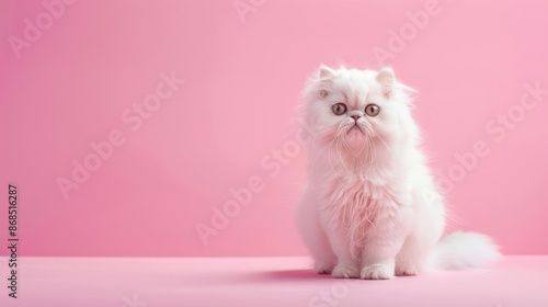 Portrait photography of a cute little Persian cat happy smiling , studio shot isolated on single color background ,editorial style, shoot by DSLR . photo