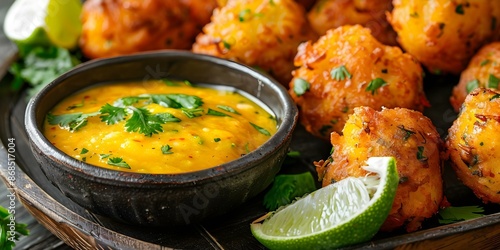 Fried codfish fritters with lime hot sauce known as Bolinho de bacalhau. Concept Brazilian Cuisine, Seafood Appetizer, Traditional Snack, Bolinho de Bacalhau Recipe