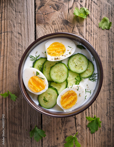 Bowl of Greek yogurt topped with sliced boiled eggs, cucumber, fresh herbs rustic wooden background, Healthy food, breakfast, nutritious lifestyle, top view.