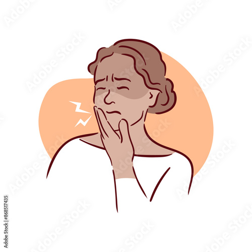 Young black woman having painful toothache. A girl with bad teeth clutches her cheek. Acute pain. Pulpitis, caries. Hand drawn vector illustration in sketch style.