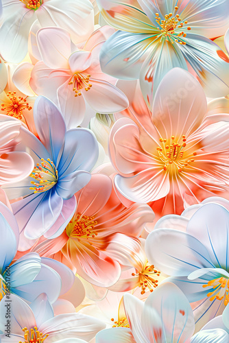 Pastel pink and blue flowers in bloom.