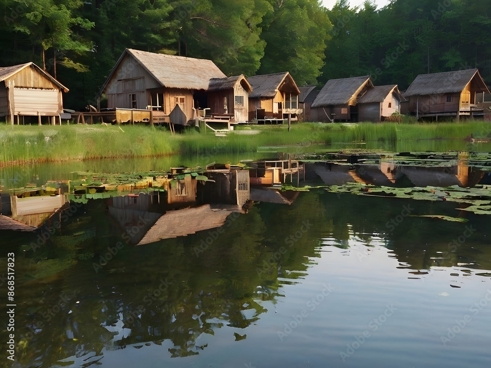 A camera captures a serene scene of a primitive village by a river, with simple huts made of wood and straw, and villagers engaging in daily activities under the bright afternoon sun A camera captures a serene scene of a primitive village by a river, with simple huts made of wood and straw, and villagers engaging in daily activities under the bright afternoon sun