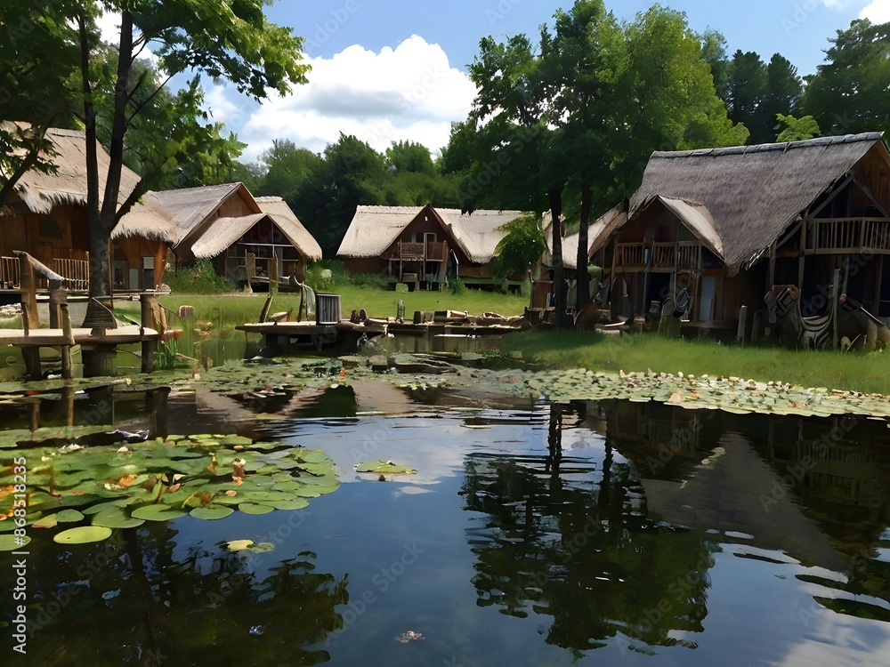 A camera captures a serene scene of a primitive village by a river, with simple huts made of wood and straw, and villagers engaging in daily activities under the bright afternoon sun
A camera captures a serene scene of a primitive village by a river, with simple huts made of wood and straw, and villagers engaging in daily activities under the bright afternoon sun