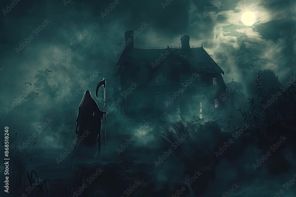 Eerie night scene with a hooded figure holding a scythe, standing ...