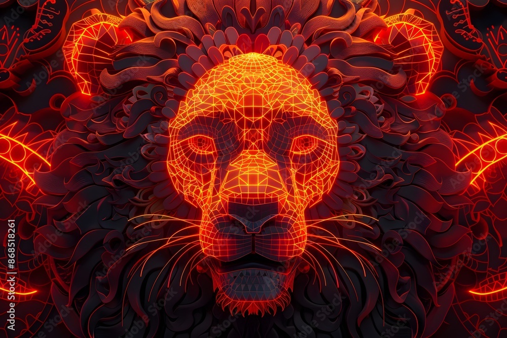 Flaming Geometric Lion Sculpture Fierce and Fiery Digital 3D Render Flaming Geometric Lion Sculpture Fierce and Fiery Digital 3D Render