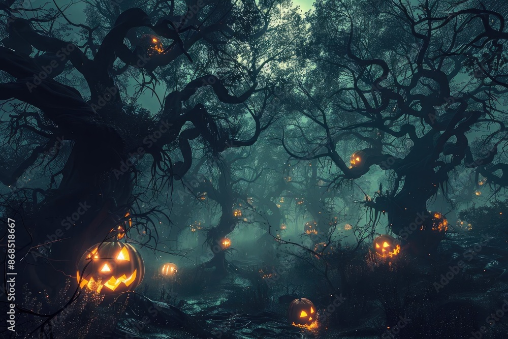 Spooky Halloween night with glowing carved pumpkins in a dark, eerie forest filled with twisted trees and dense fog. Spooky Halloween night with glowing carved pumpkins in a dark, eerie forest filled with twisted trees and dense fog.