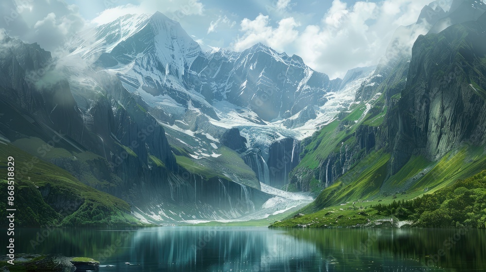 A breathtaking view of a glacier-fed lake with surrounding snow-capped mountains A breathtaking view of a glacier-fed lake with surrounding snow-capped mountains