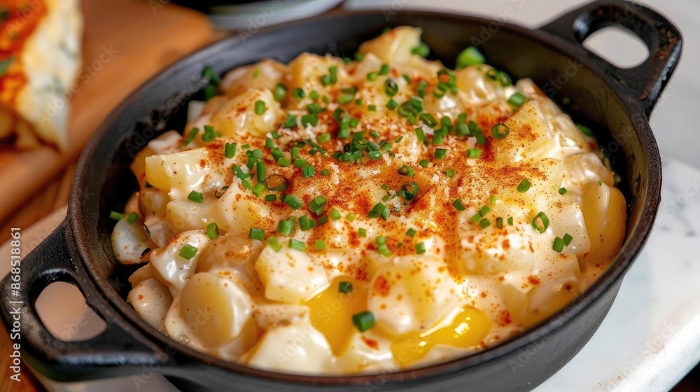 A delicious serving of creamy potato gratin garnished with chives in a black skillet, perfect for comforting meals and side dishes. A delicious serving of creamy potato gratin garnished with chives in a black skillet, perfect for comforting meals and side dishes.