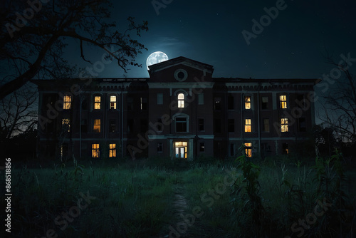 a dark abandoned asylum at night with broken windows