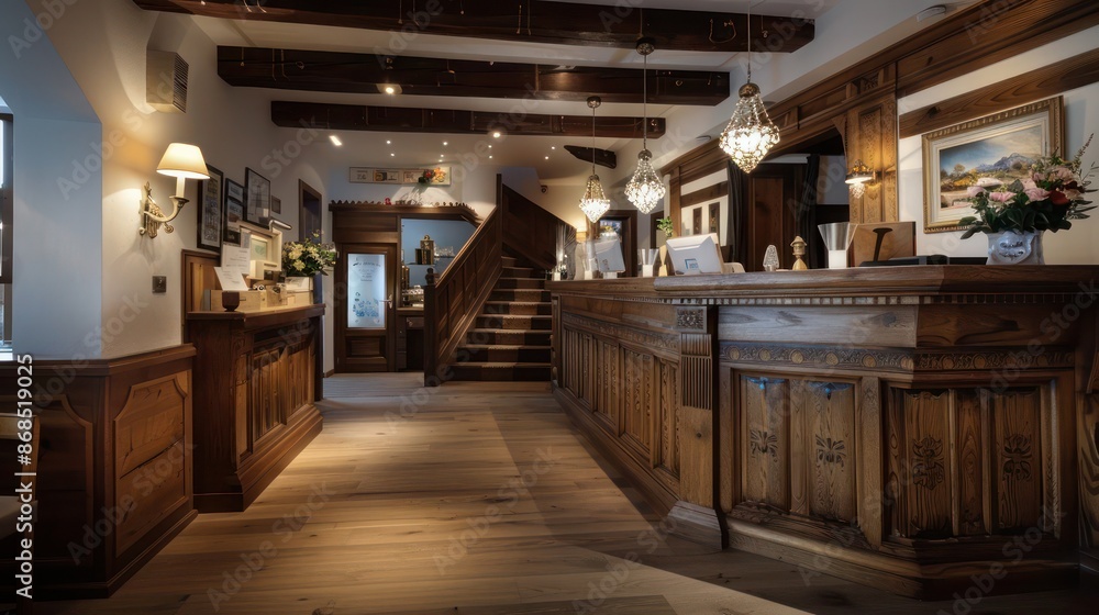 boutique hotel with a wooden reception desk and a warm, inviting atmosphere boutique hotel with a wooden reception desk and a warm, inviting atmosphere