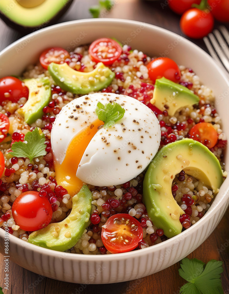 closeup Colorful quinoa salad with avocado, cherry tomatoes, poached egg, Healthy food, fresh and vegetarian. closeup Colorful quinoa salad with avocado, cherry tomatoes, poached egg, Healthy food, fresh and vegetarian.