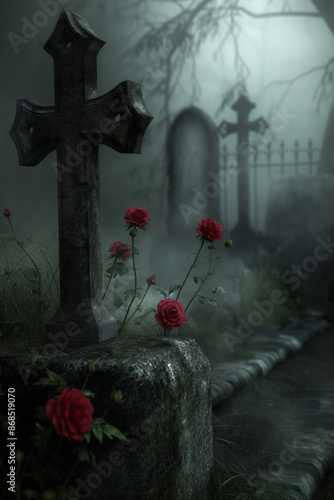 Dunkel romantisches Goth Hintergrundbild Friedhof mit Kreuz und dunkelroten Rosen