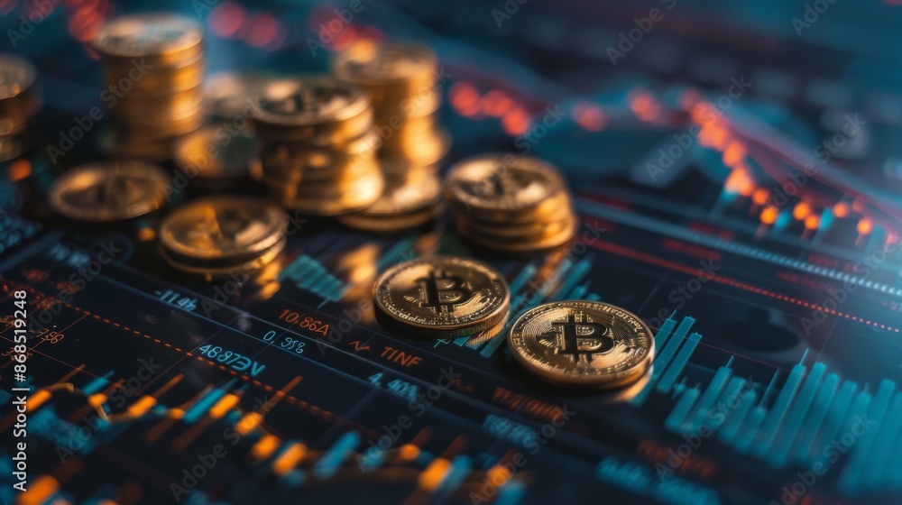 Stacks of Bitcoin coins are placed on a financial chart, symbolizing cryptocurrency trading and market analysis. Stacks of Bitcoin coins are placed on a financial chart, symbolizing cryptocurrency trading and market analysis.