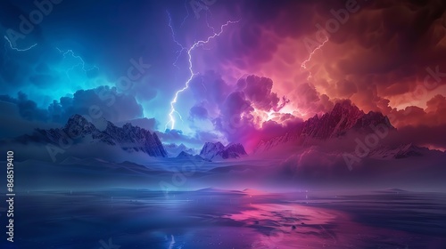 Stormy sky landscape flat design front view lightning theme 3D render Complementary Color Scheme