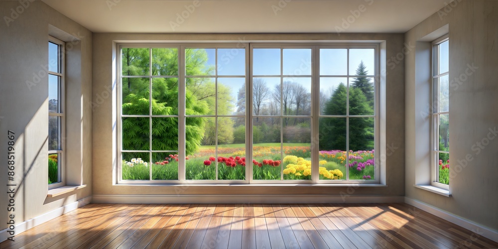 Fototapeta premium Empty room with large windows. There is a blooming garden outside the windows.