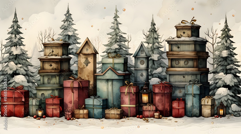 Obraz premium watercolor Christmas set: festive elements in vibrant colors