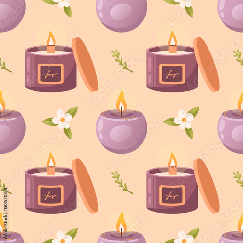 Scented burning soy candle in a glass with a wooden wick, round purple. Hygge, boho style, creating coziness, interior design. Aromatherapy, wellness, relaxation. Small business, handmade. Seamless