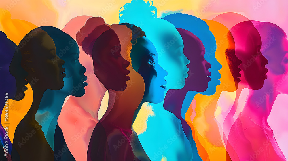 Colorful silhouettes of diverse human profiles in an artistic composition Colorful silhouettes of diverse human profiles in an artistic composition