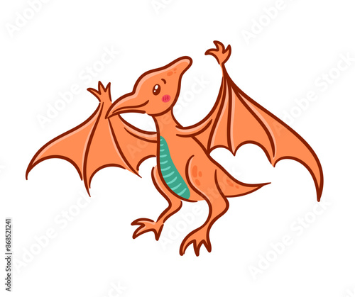 Cute pterosaur in Asian kawaii style. Pteronadon, pterodactyl. Dinosaur, prehistoric lizard, mascot. Cartoon character Funny vector illustration for stickers, logo, mascot, isolated elements