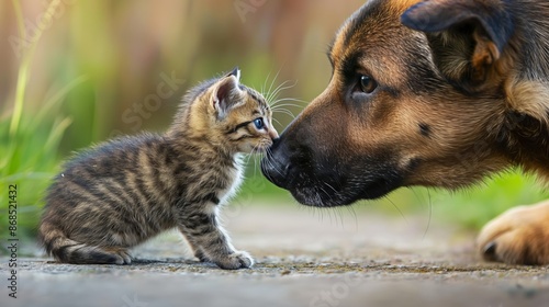 A cat and a dog are sniffing each other